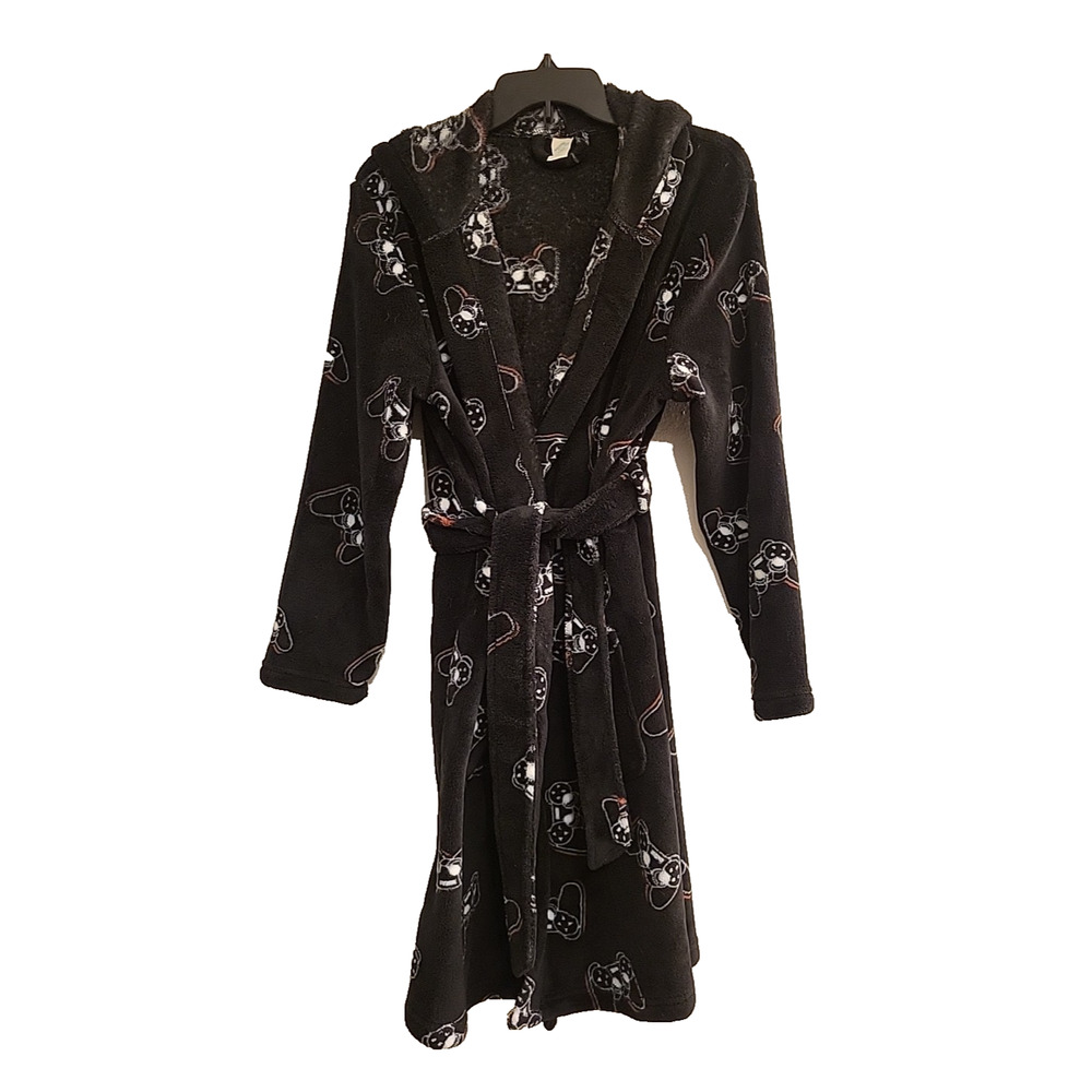 There Abouts Boys Black Hooded Gamer Controls Velour Robe Large size Large 14/16
